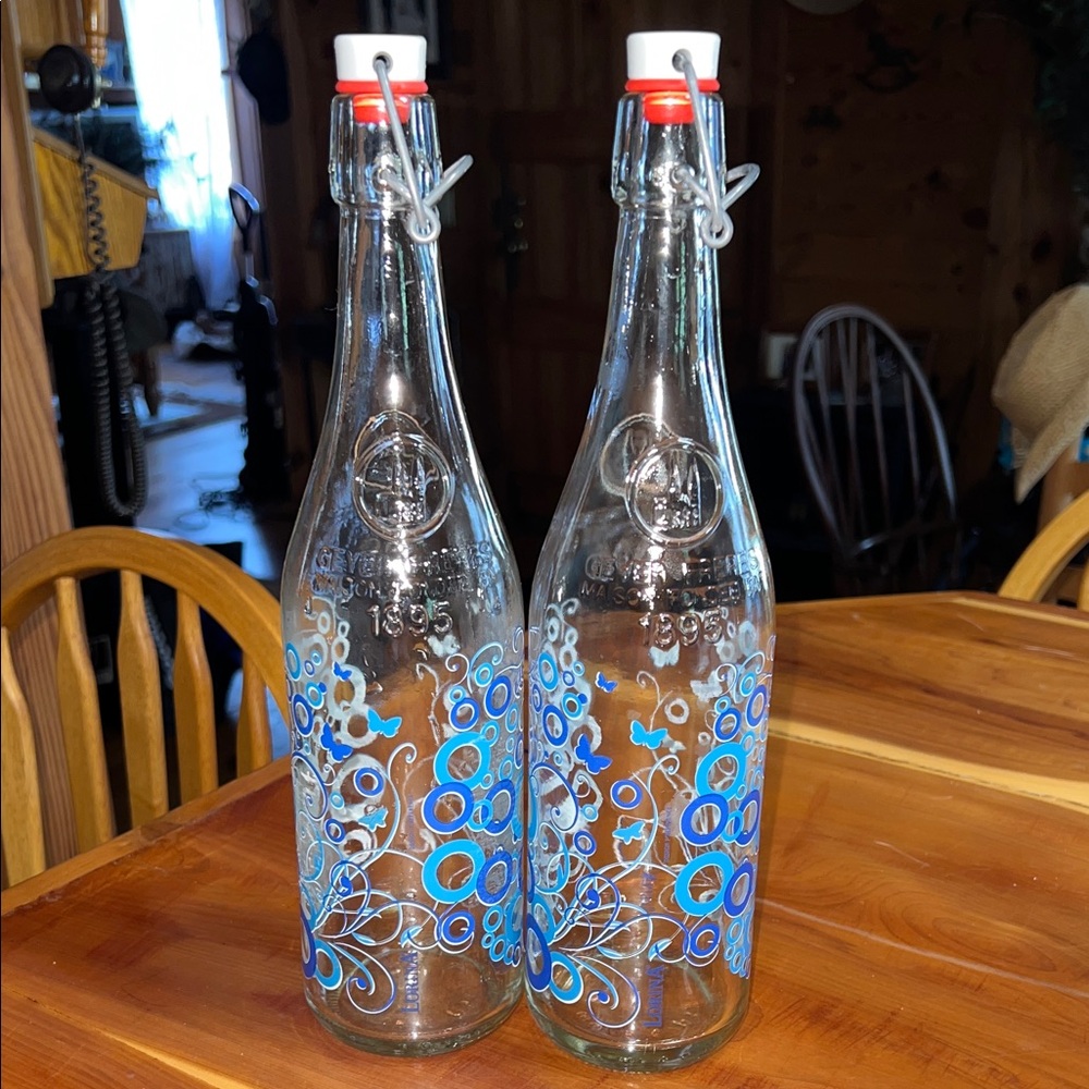 Geyer Freres Lorina Bottles! Set of 2!  Blue Bubbles! Wire Bail Stopper Tops!